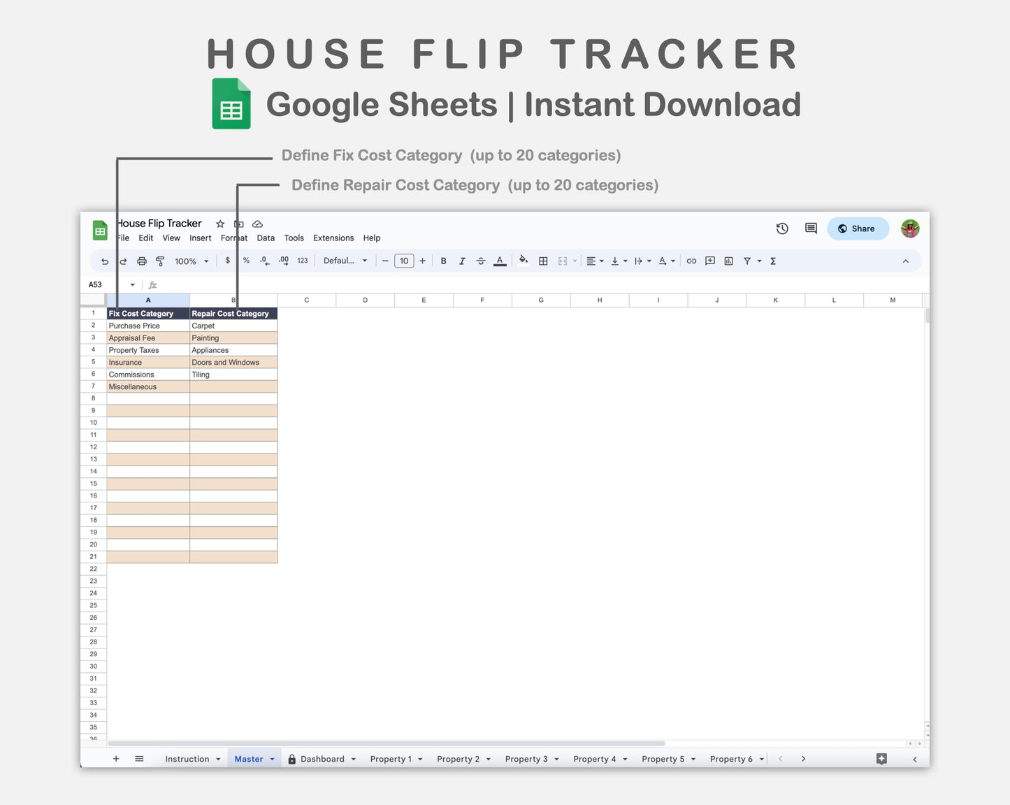 Google Sheets - House Flip Tracker - Sweet