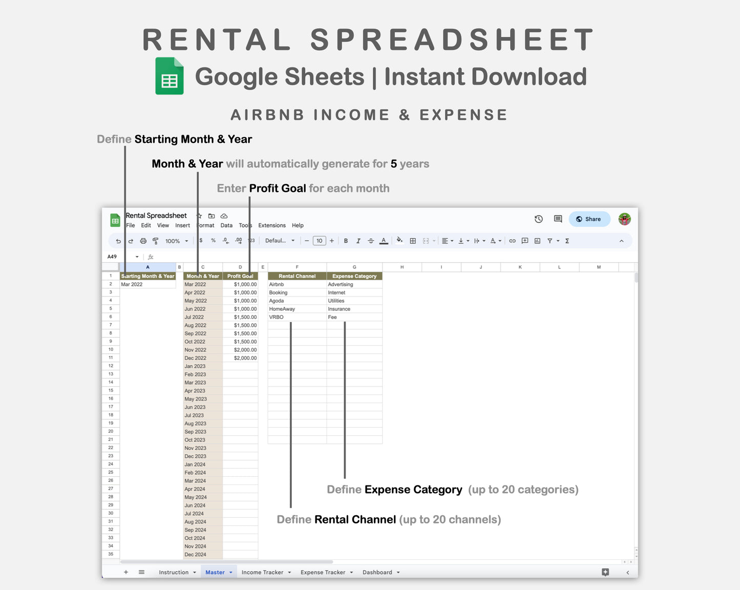 Google Sheets - Rental Spreadsheet - Boho
