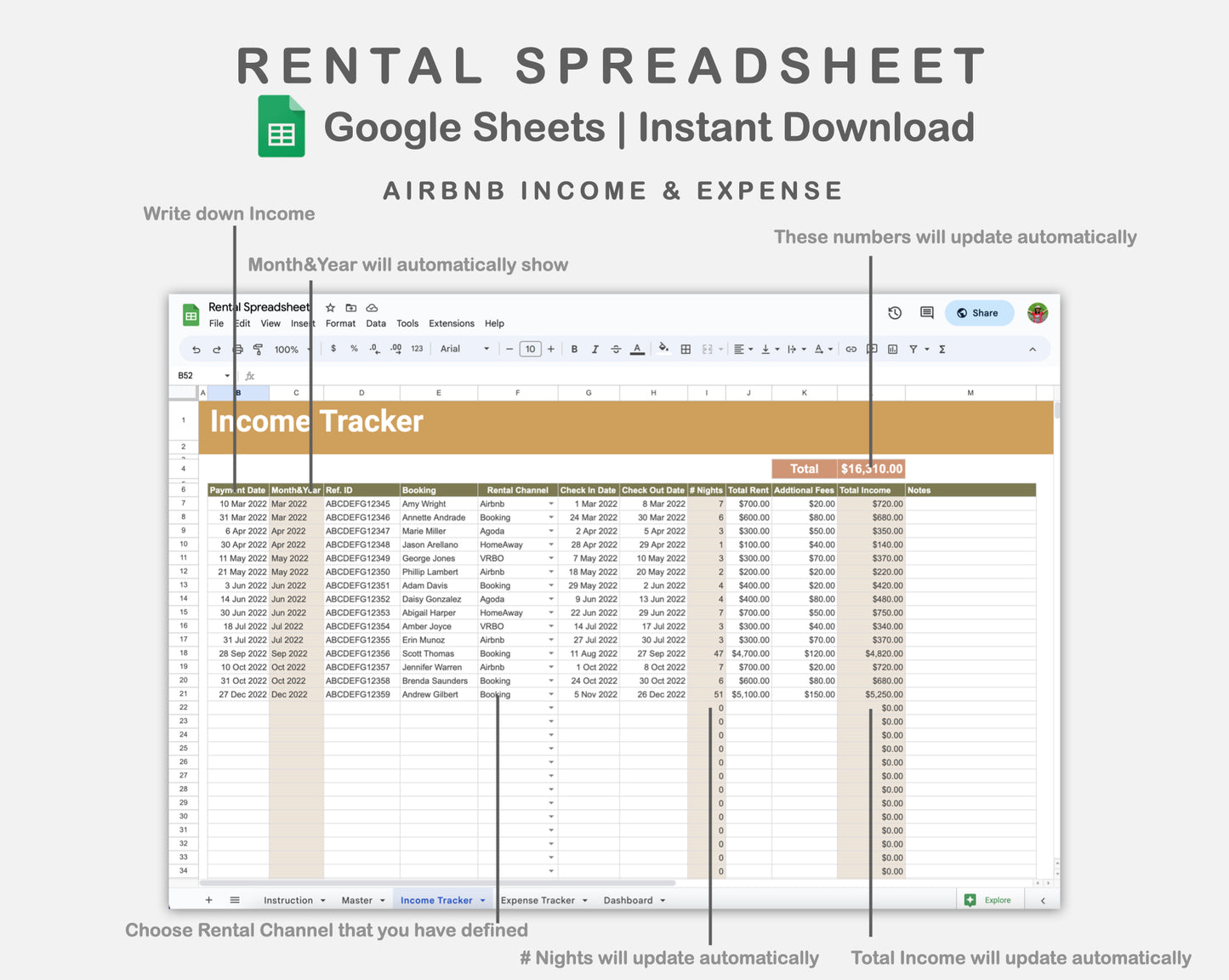 Google Sheets - Rental Spreadsheet - Boho