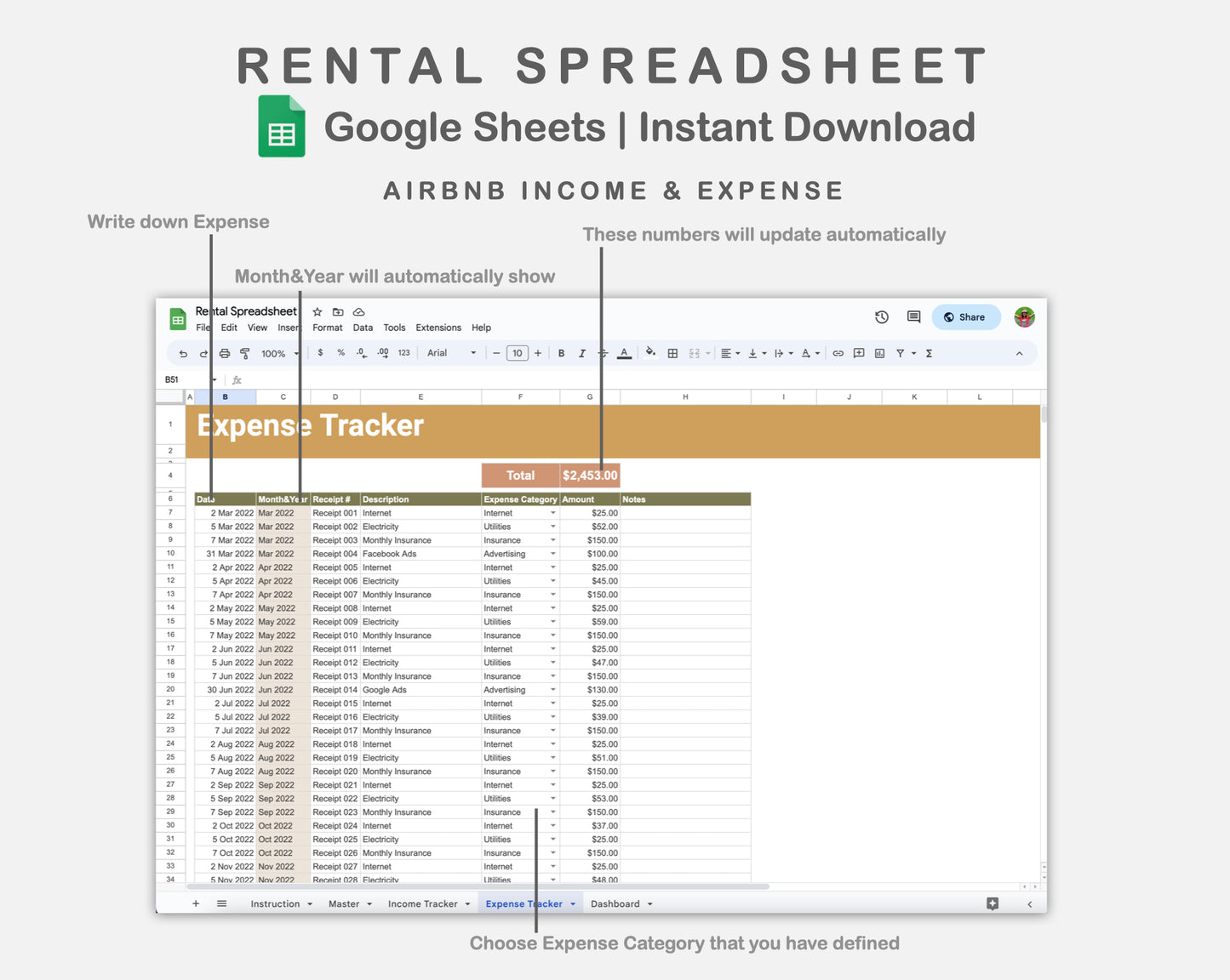 Google Sheets - Rental Spreadsheet - Boho
