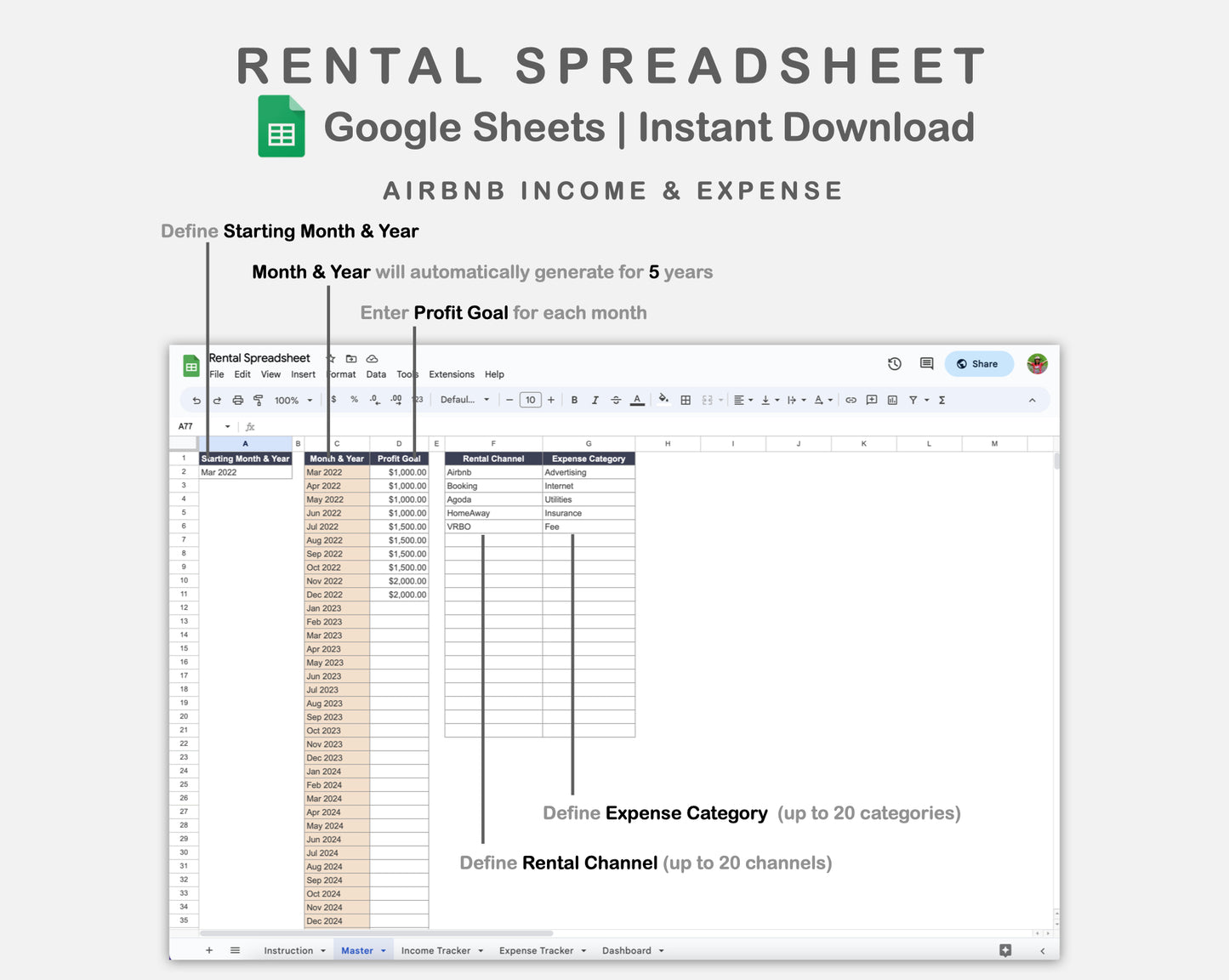 Google Sheets - Rental Spreadsheet - Sweet
