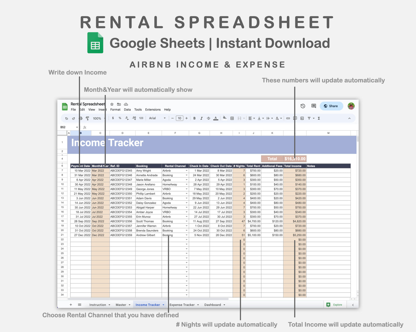 Google Sheets - Rental Spreadsheet - Sweet