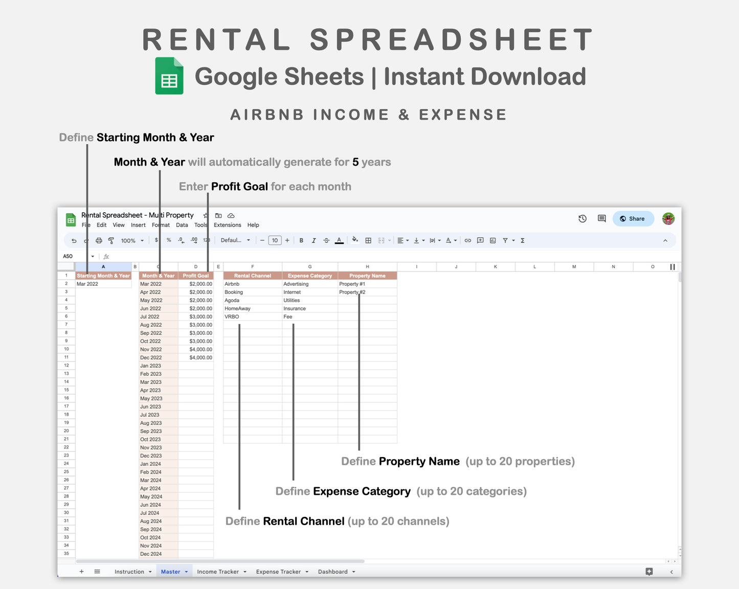 Google Sheets - Rental Spreadsheet - Multi Property - Neutral