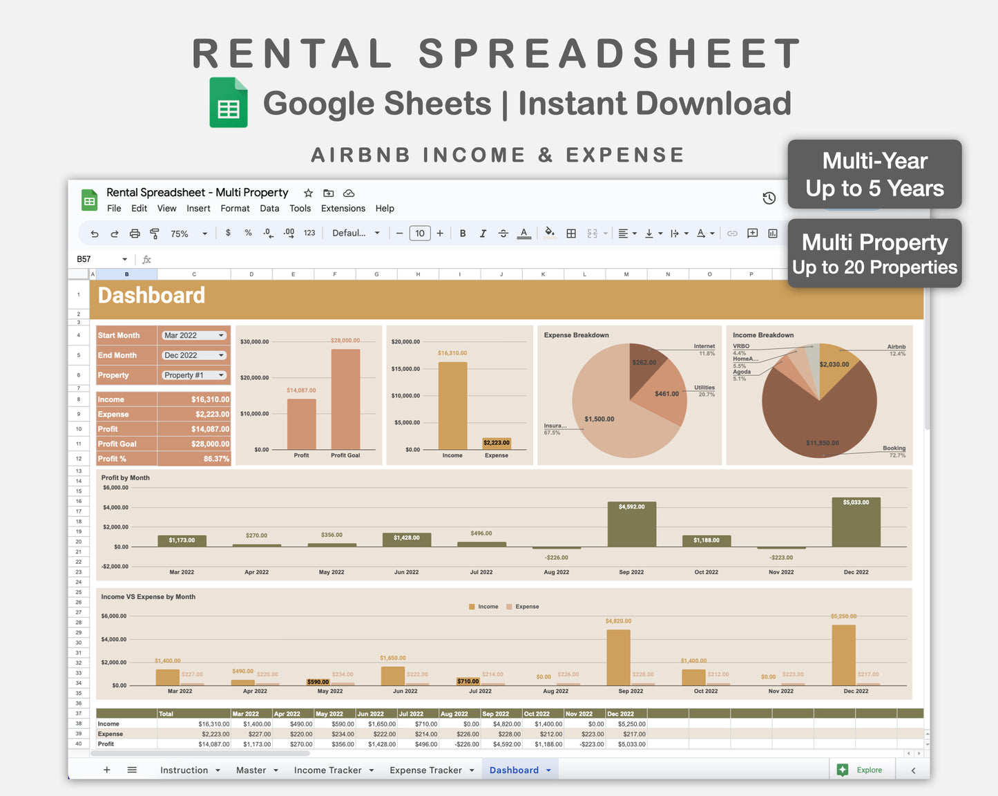 Google Sheets - Rental Spreadsheet - Multi Property - Boho