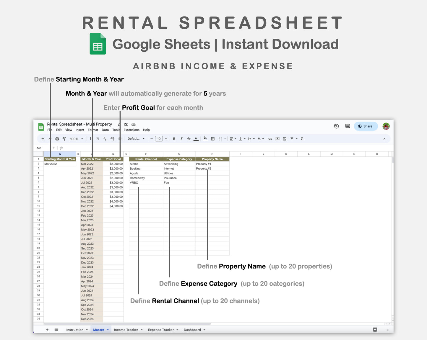 Google Sheets - Rental Spreadsheet - Multi Property - Boho