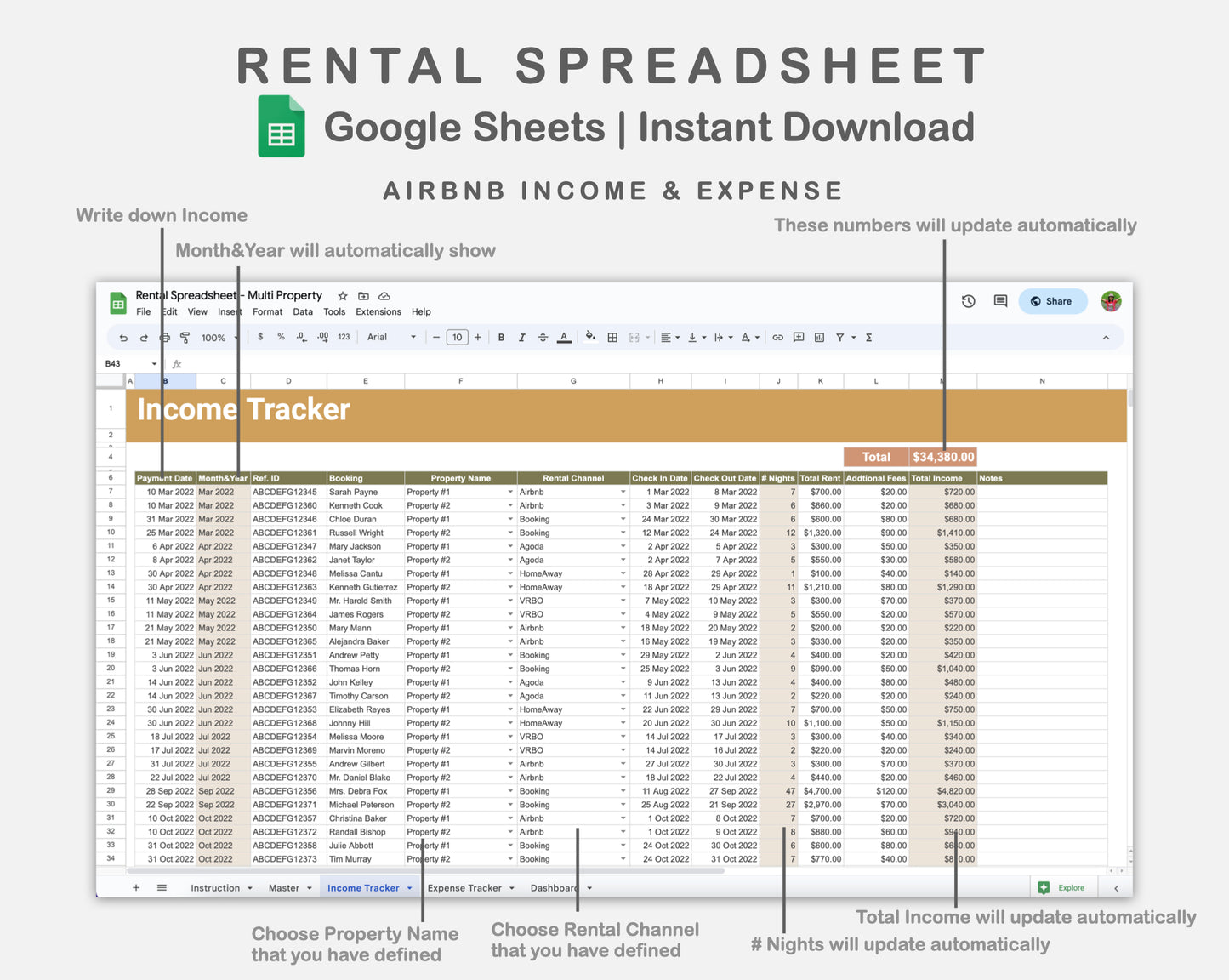 Google Sheets - Rental Spreadsheet - Multi Property - Boho