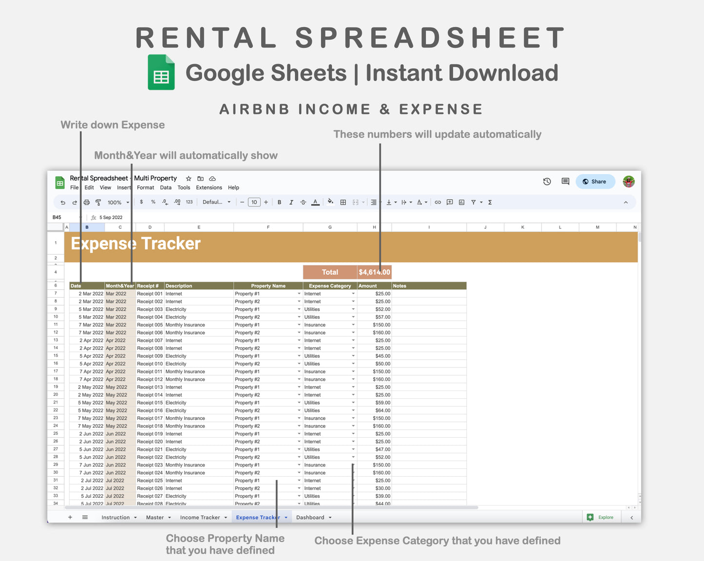 Google Sheets - Rental Spreadsheet - Multi Property - Boho