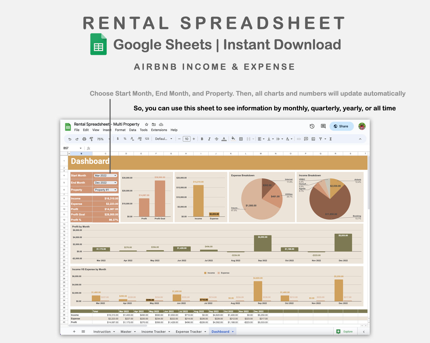 Google Sheets - Rental Spreadsheet - Multi Property - Boho