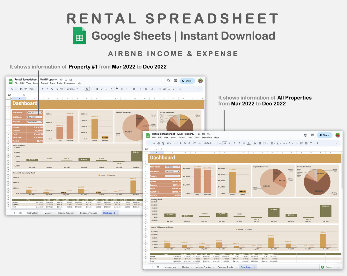 Google Sheets - Rental Spreadsheet - Multi Property - Boho