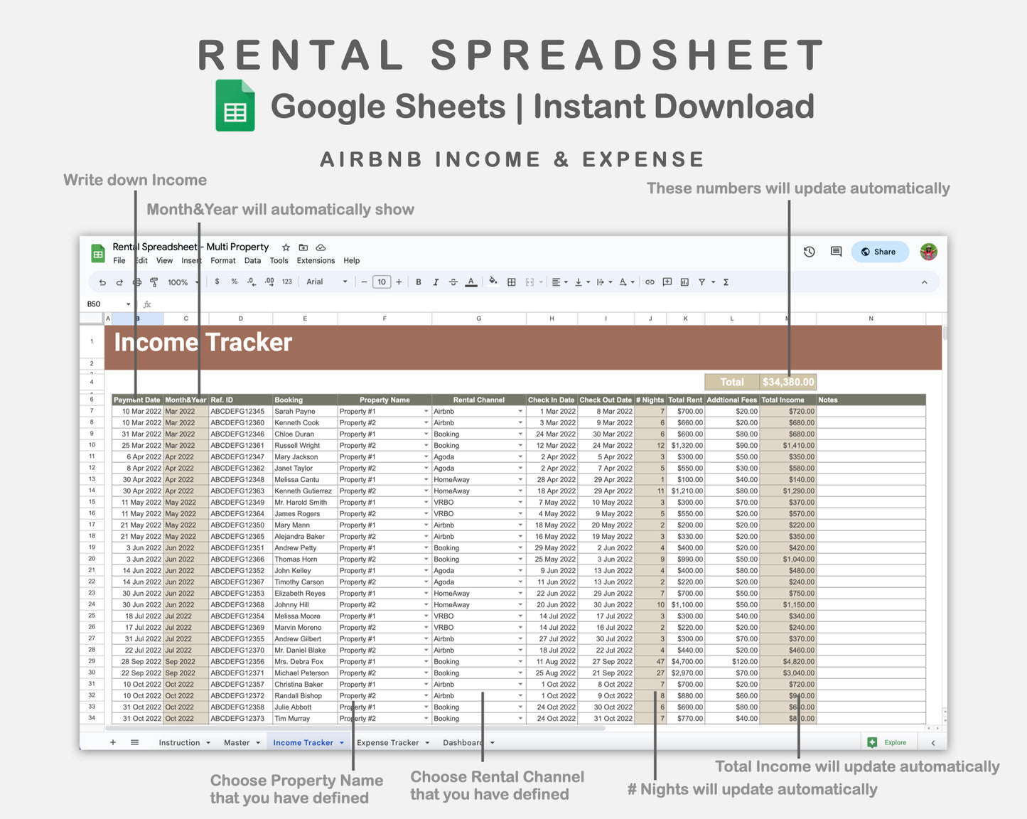 Google Sheets - Rental Spreadsheet - Multi Property - Earthy