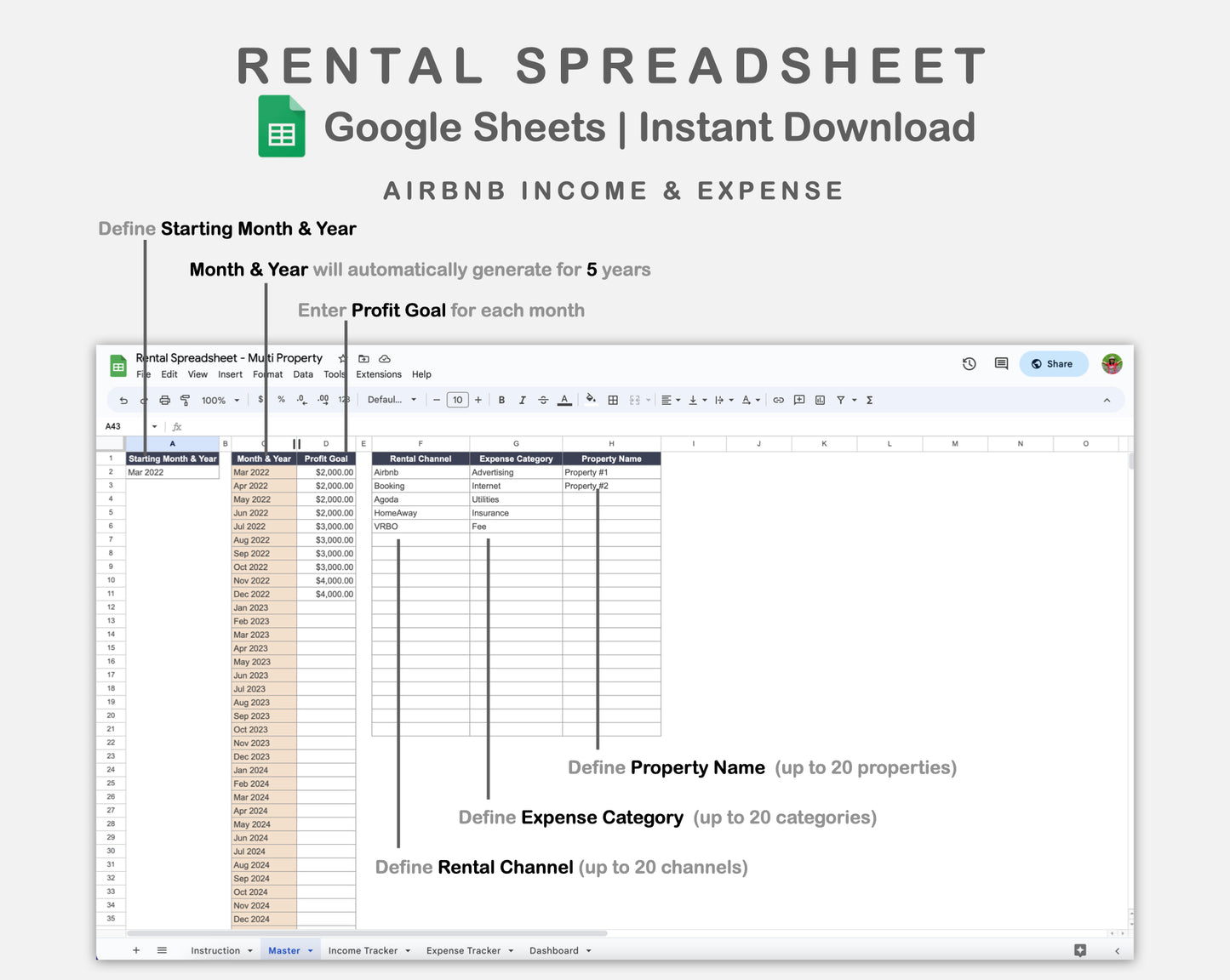 Google Sheets - Rental Spreadsheet - Multi Property - Sweet