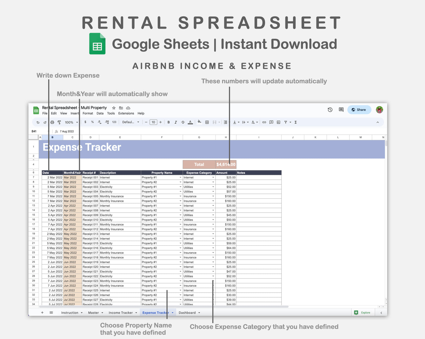 Google Sheets - Rental Spreadsheet - Multi Property - Sweet