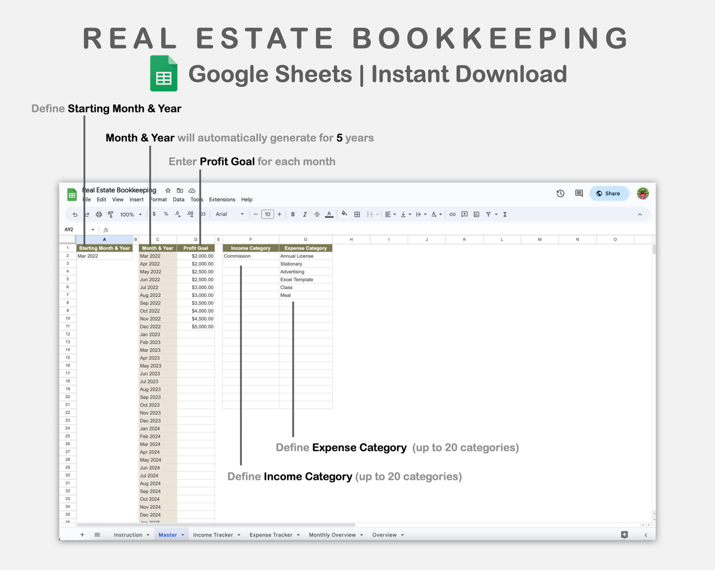 Google Sheets - Real Estate Bookkeeping - Boho