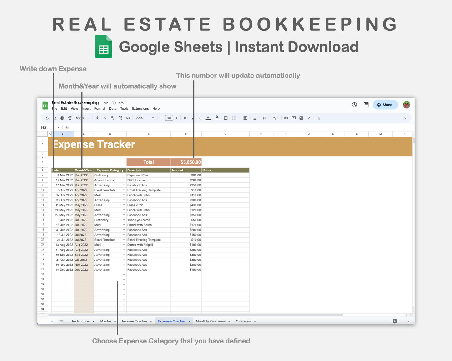 Google Sheets - Real Estate Bookkeeping - Boho