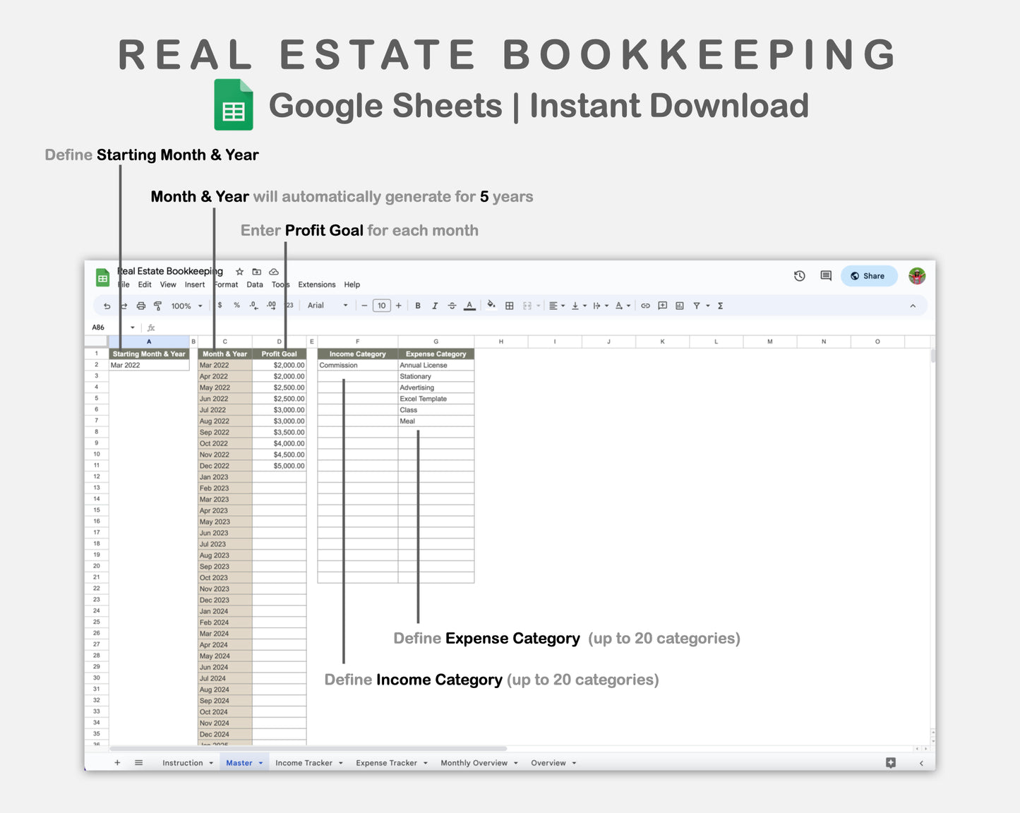 Google Sheets - Real Estate Bookkeeping - Earthy