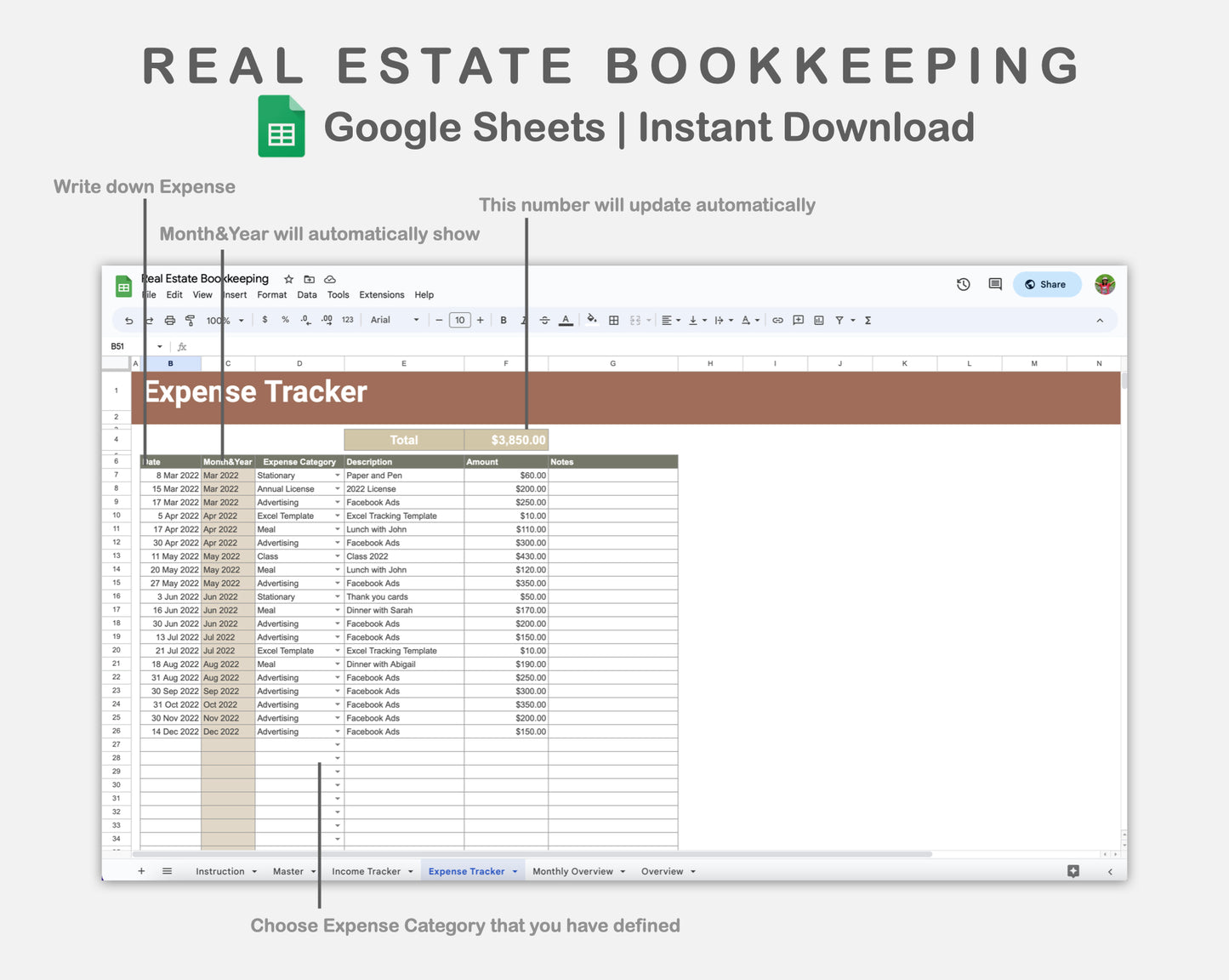 Google Sheets - Real Estate Bookkeeping - Earthy
