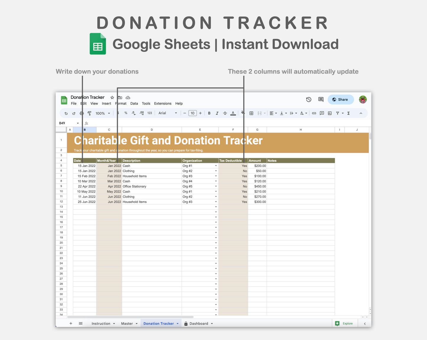 Google Sheets - Donation Tracker - Boho