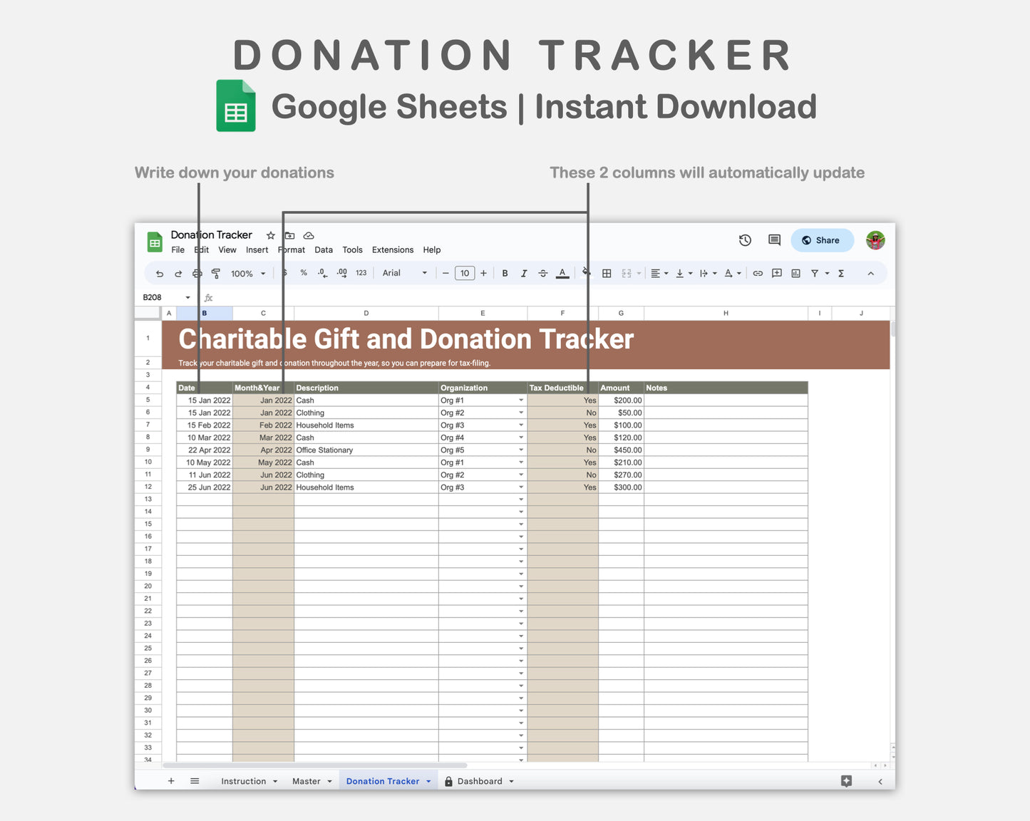 Google Sheets - Donation Tracker - Earthy