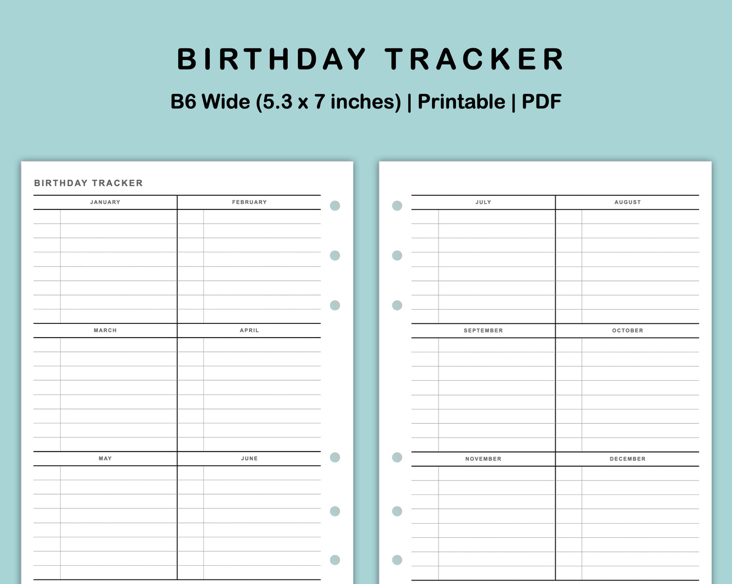 B6 Wide Inserts - Birthday Tracker