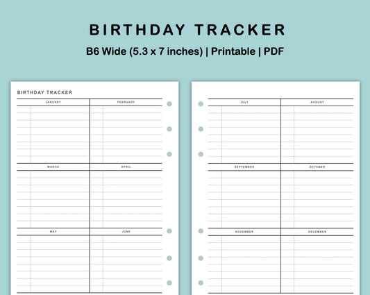 B6 Wide Inserts - Birthday Tracker