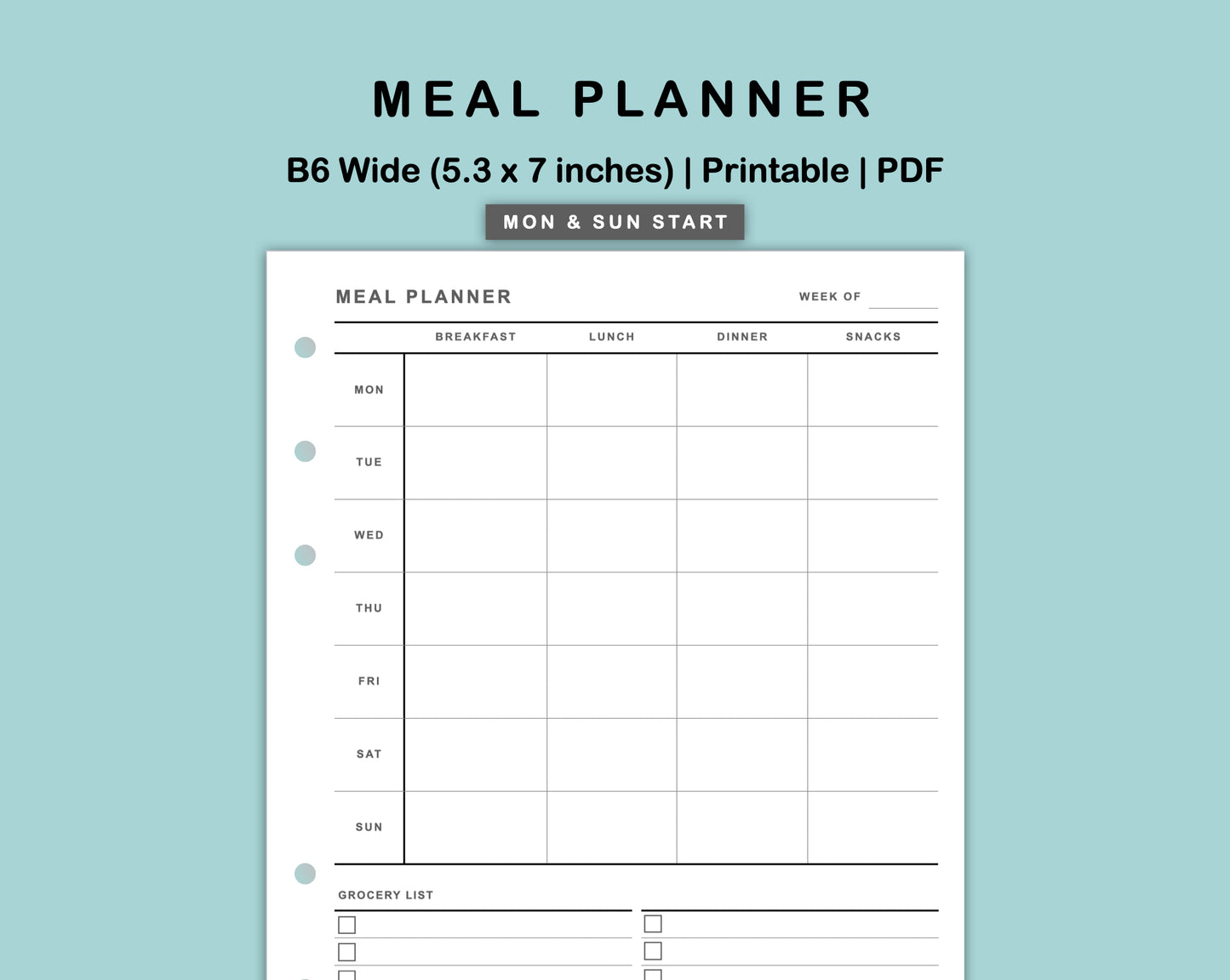 B6 Wide Inserts - Meal Planner with Grocery List