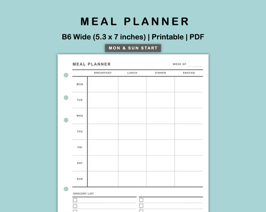 B6 Wide Inserts - Meal Planner with Grocery List