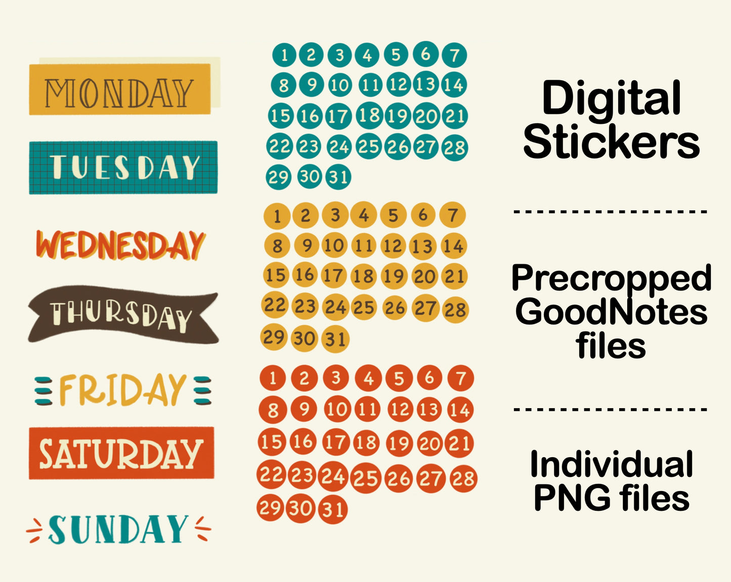 Digital Sticker - Days of the week and Date in Vintage theme
