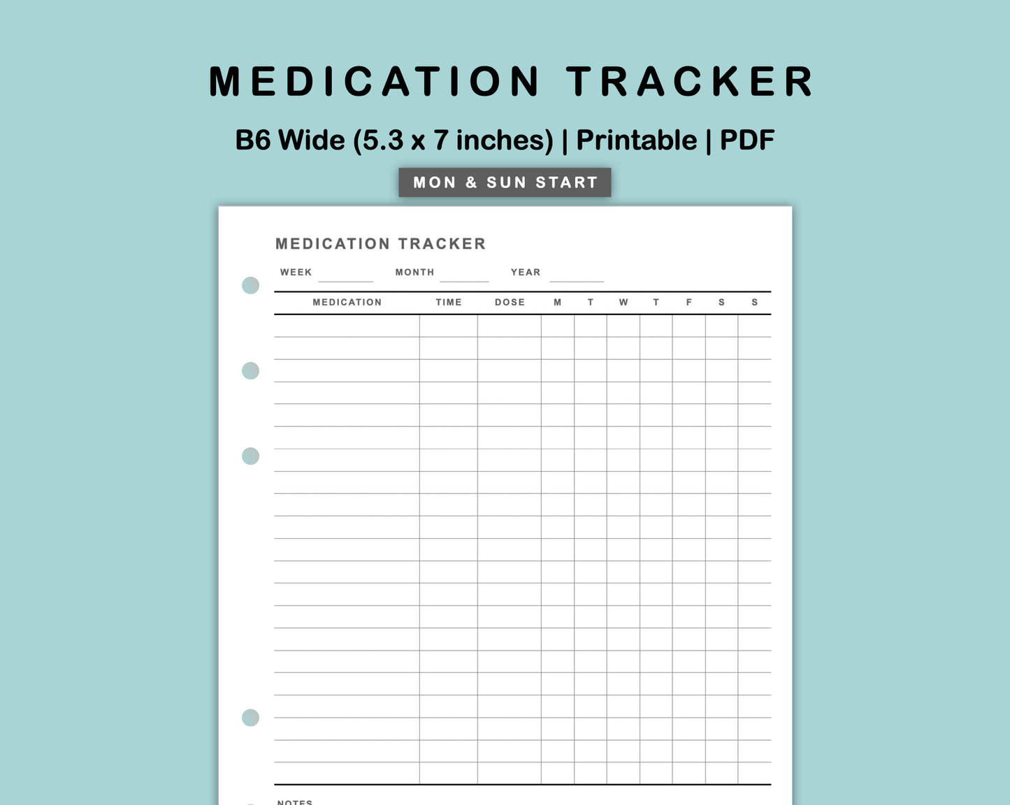 B6 Wide Inserts - Medication Tracker
