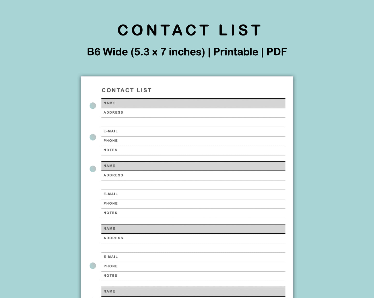 B6 Wide Inserts - Contact List
