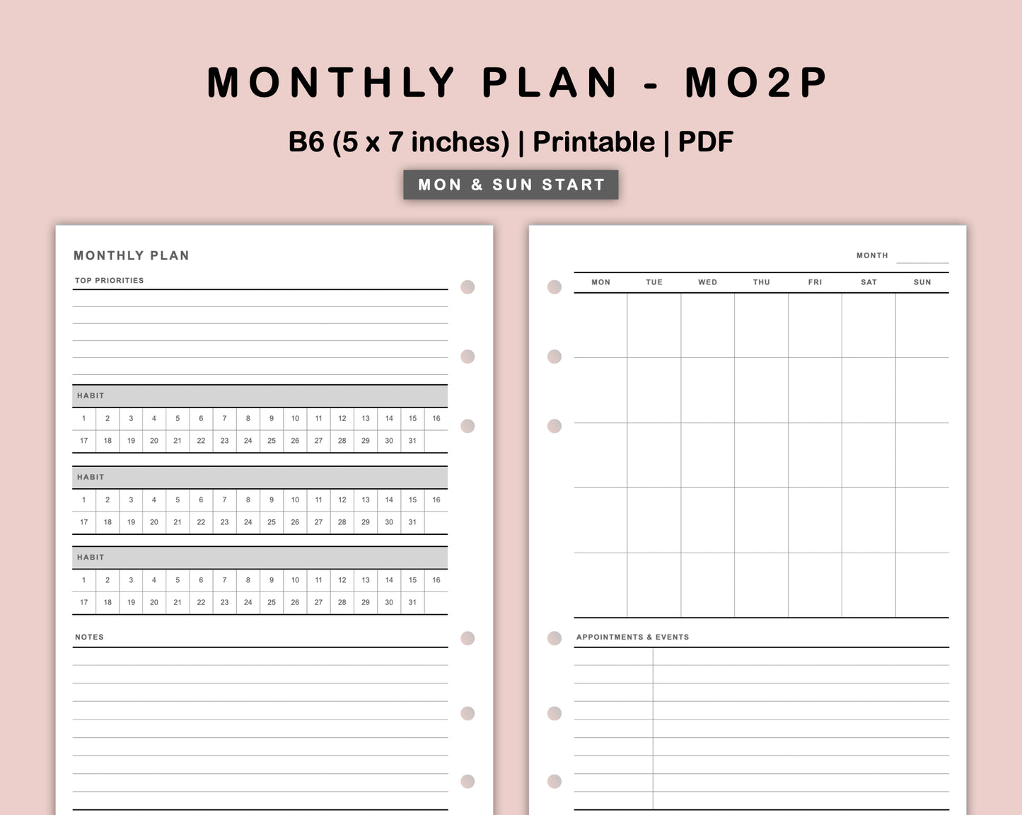 B6 Inserts - Monthly Plan - MO2P - with Habit Tracker