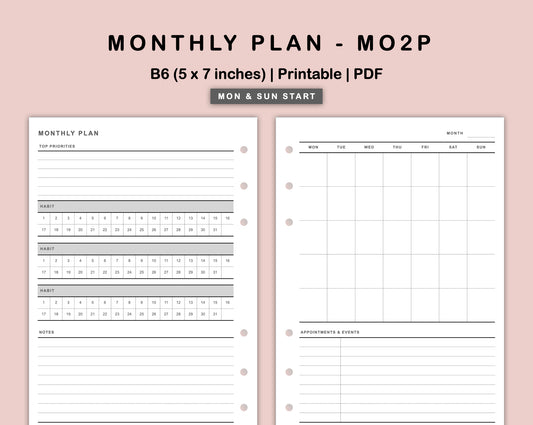 B6 Inserts - Monthly Plan - MO2P - with Habit Tracker