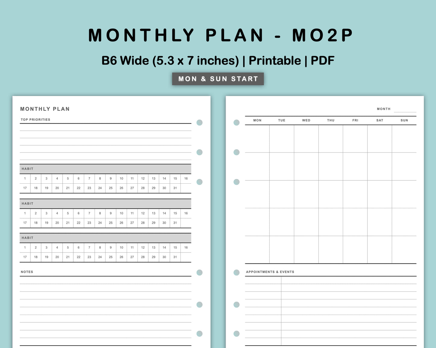 B6 Wide Inserts - Monthly Plan - MO2P - with Habit Tracker