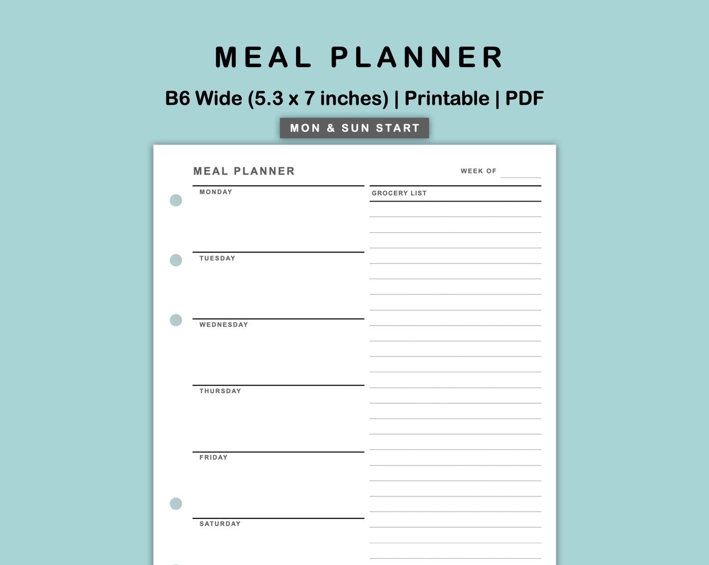 B6 Wide Inserts - Meal Planner with Grocery List