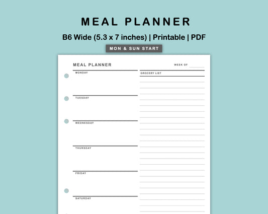 B6 Wide Inserts - Meal Planner with Grocery List