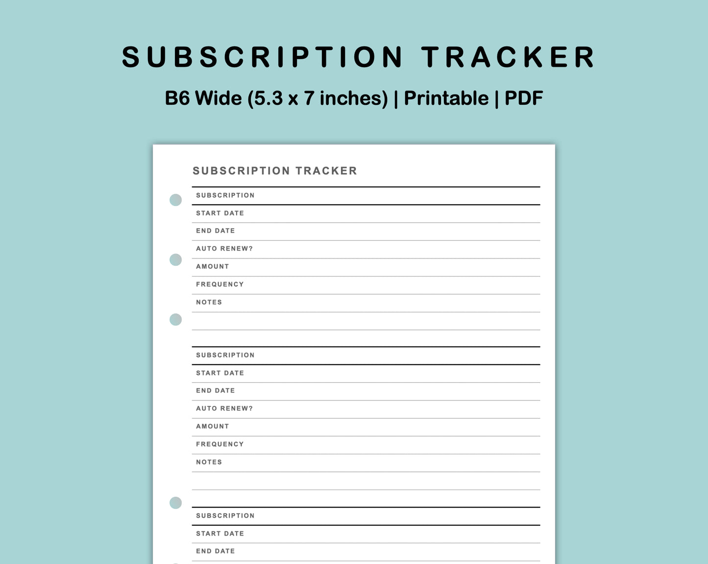 B6 Wide Inserts - Subscription Tracker