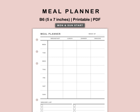 B6 Inserts - Meal Planner with Grocery List