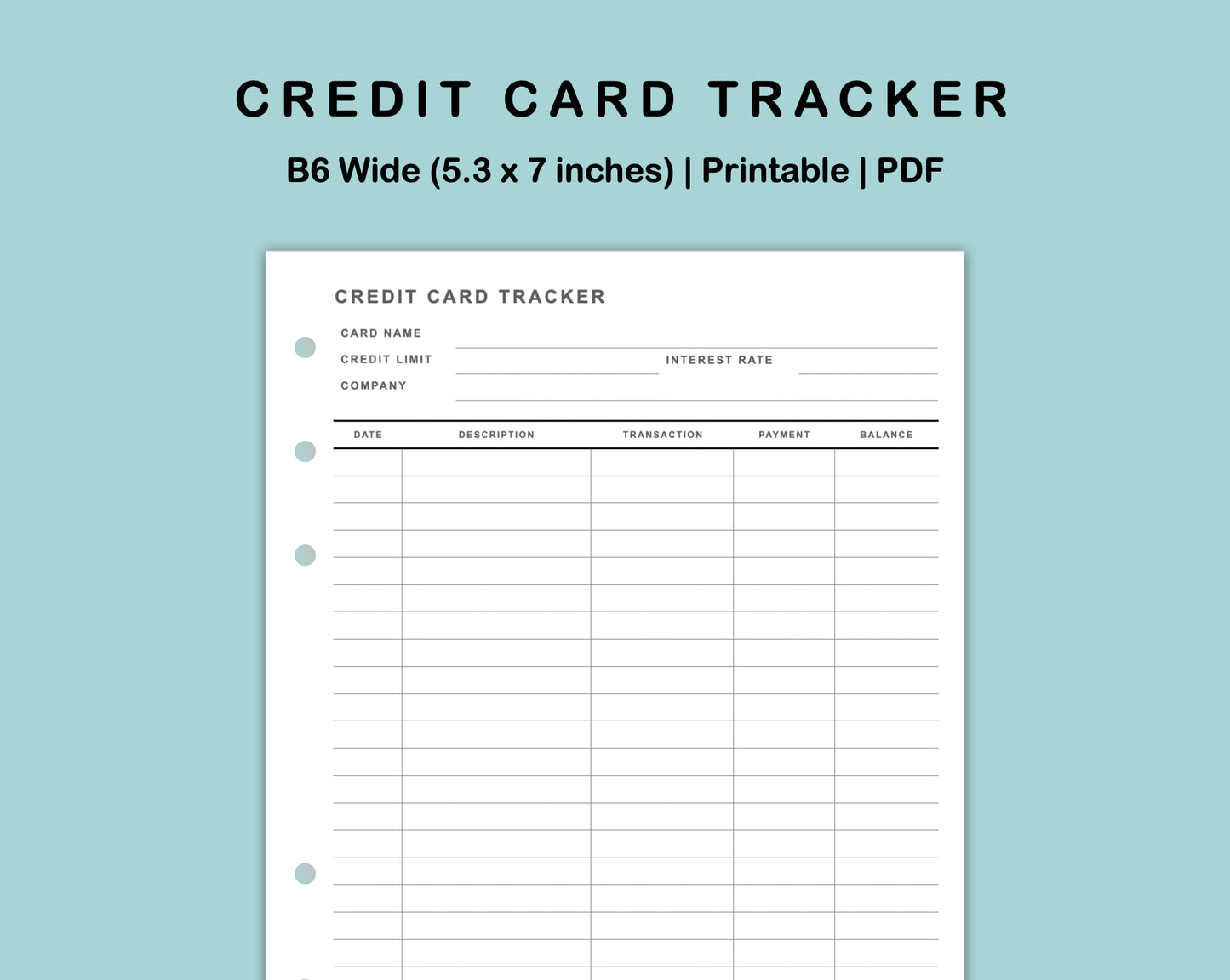B6 Wide Inserts - Credit Card Tracker