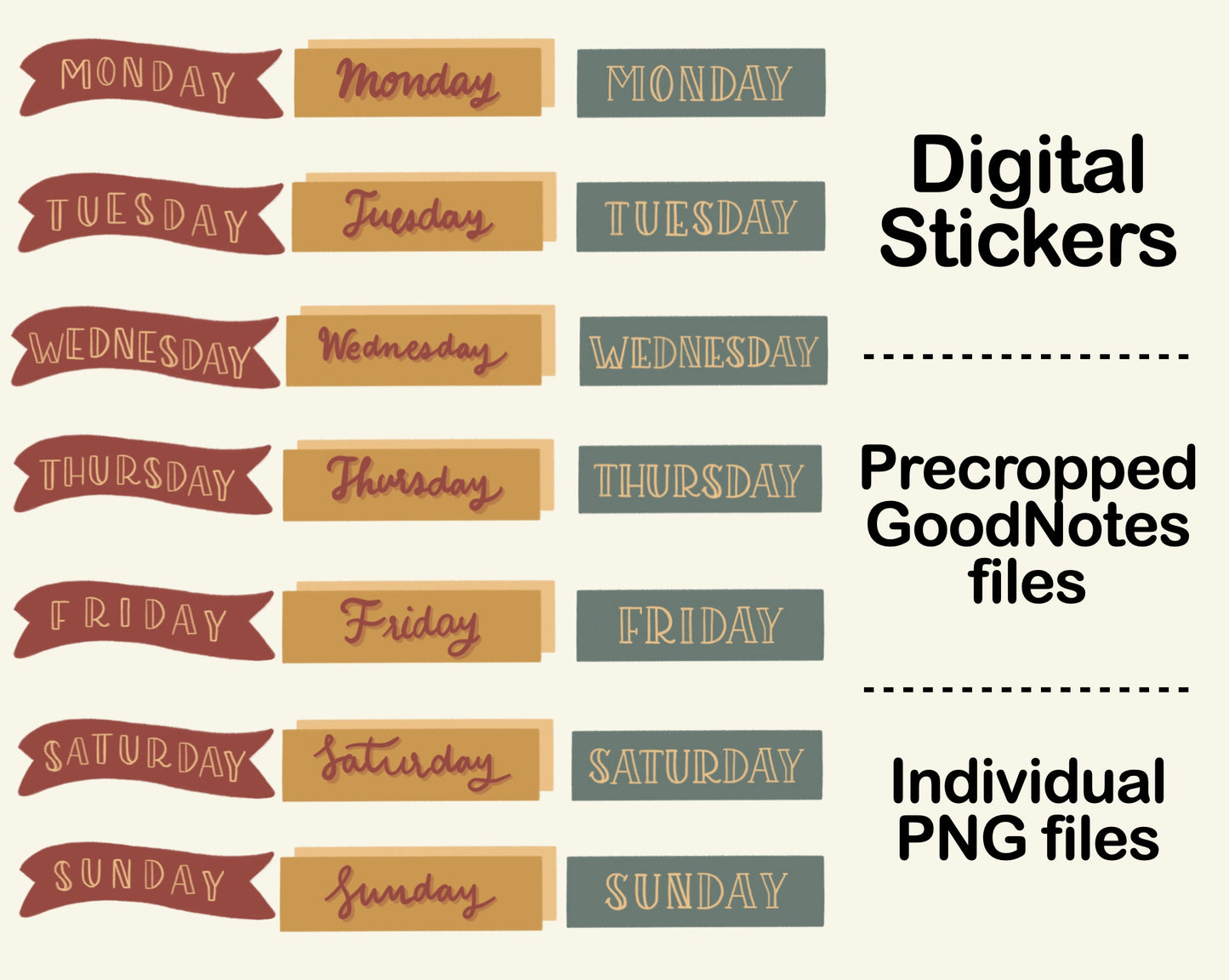Digital Sticker - Days of the week in Boho theme