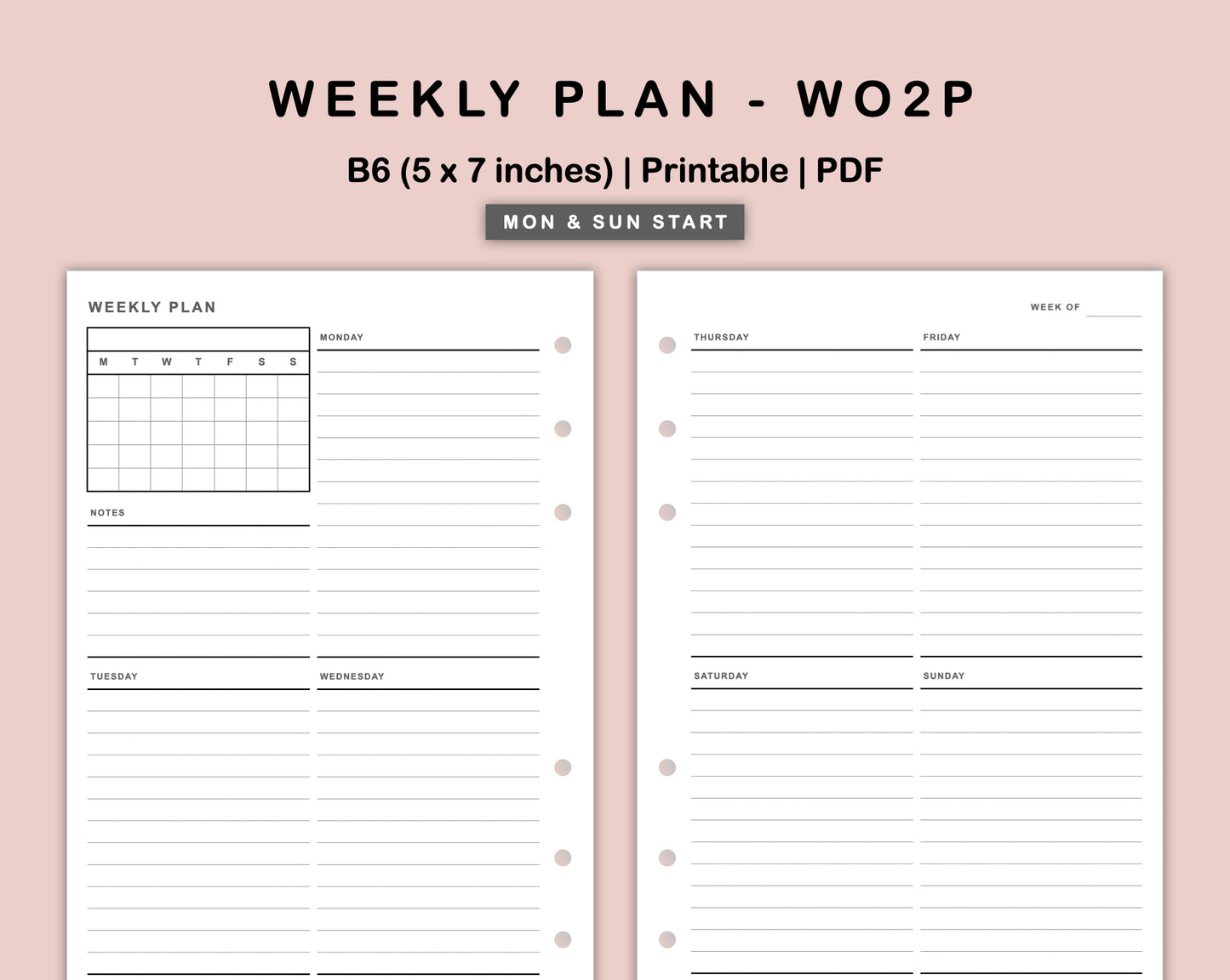 B6 Inserts - Weekly Plan - WO2P - with Calendar
