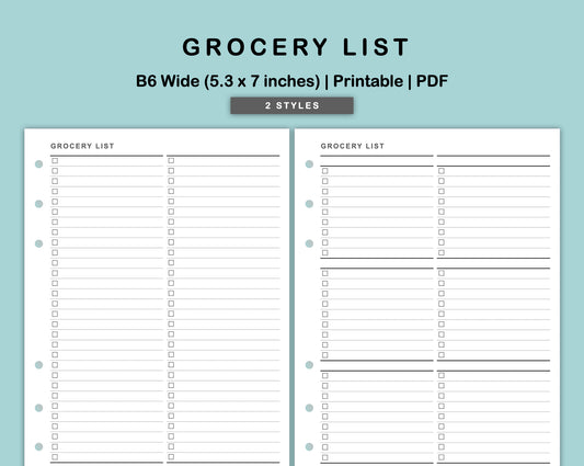 B6 Wide Inserts - Grocery List