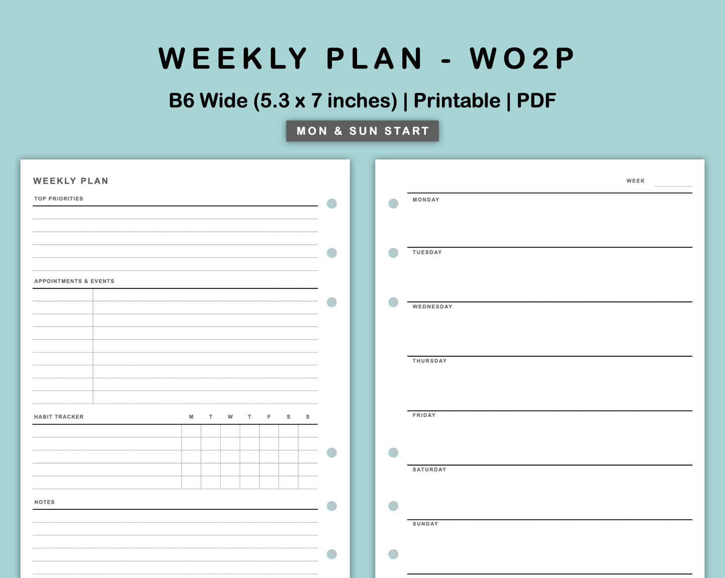 B6 Wide Inserts - Weekly Plan - WO2P - with Habit Tracker