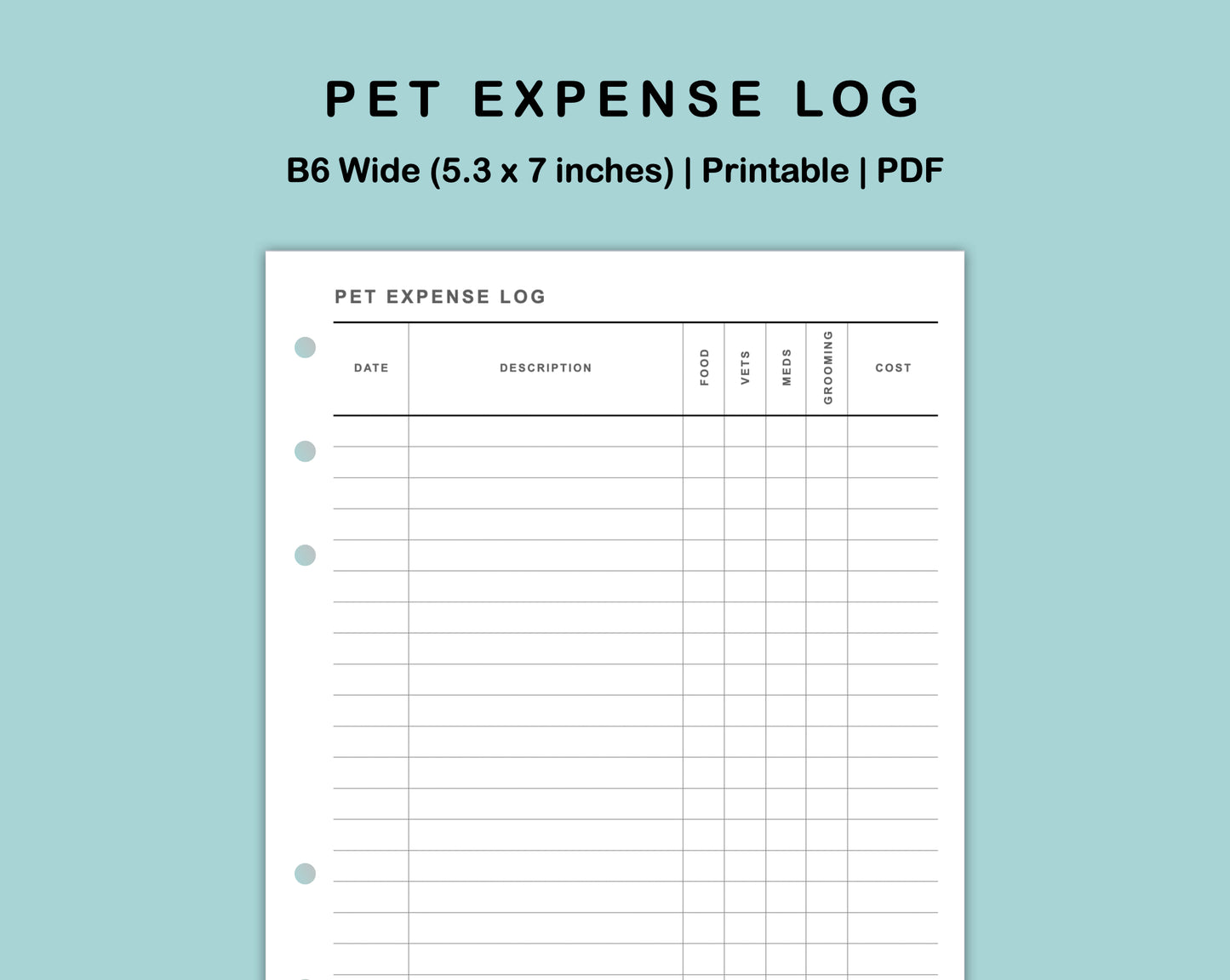 B6 Wide Inserts - Pet Expense Log