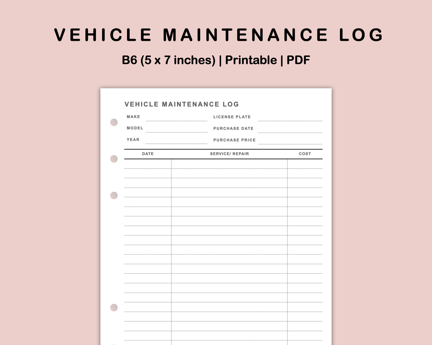 B6 Inserts - Vehicle Maintenance Log