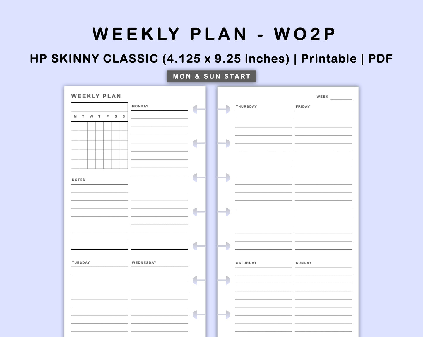 Skinny Classic HP Inserts - Weekly Plan - WO2P - with Calendar