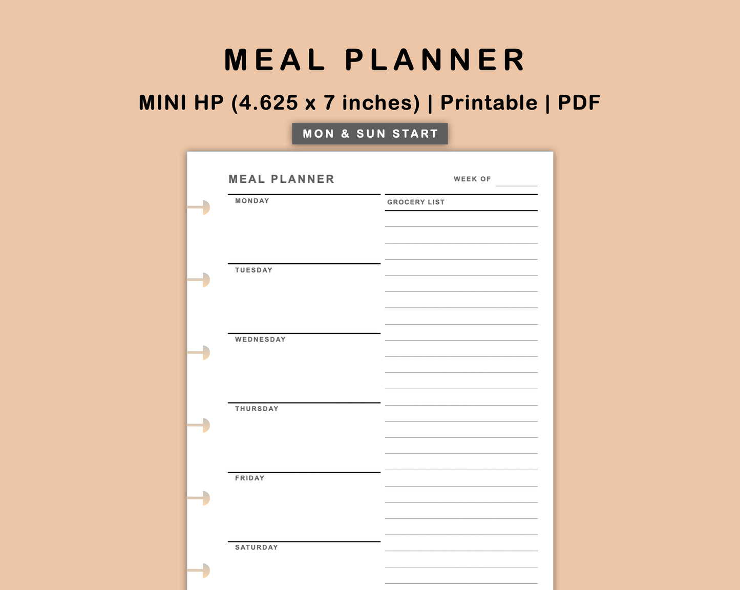 Mini Happy Planner Inserts - Meal Planner with Grocery List