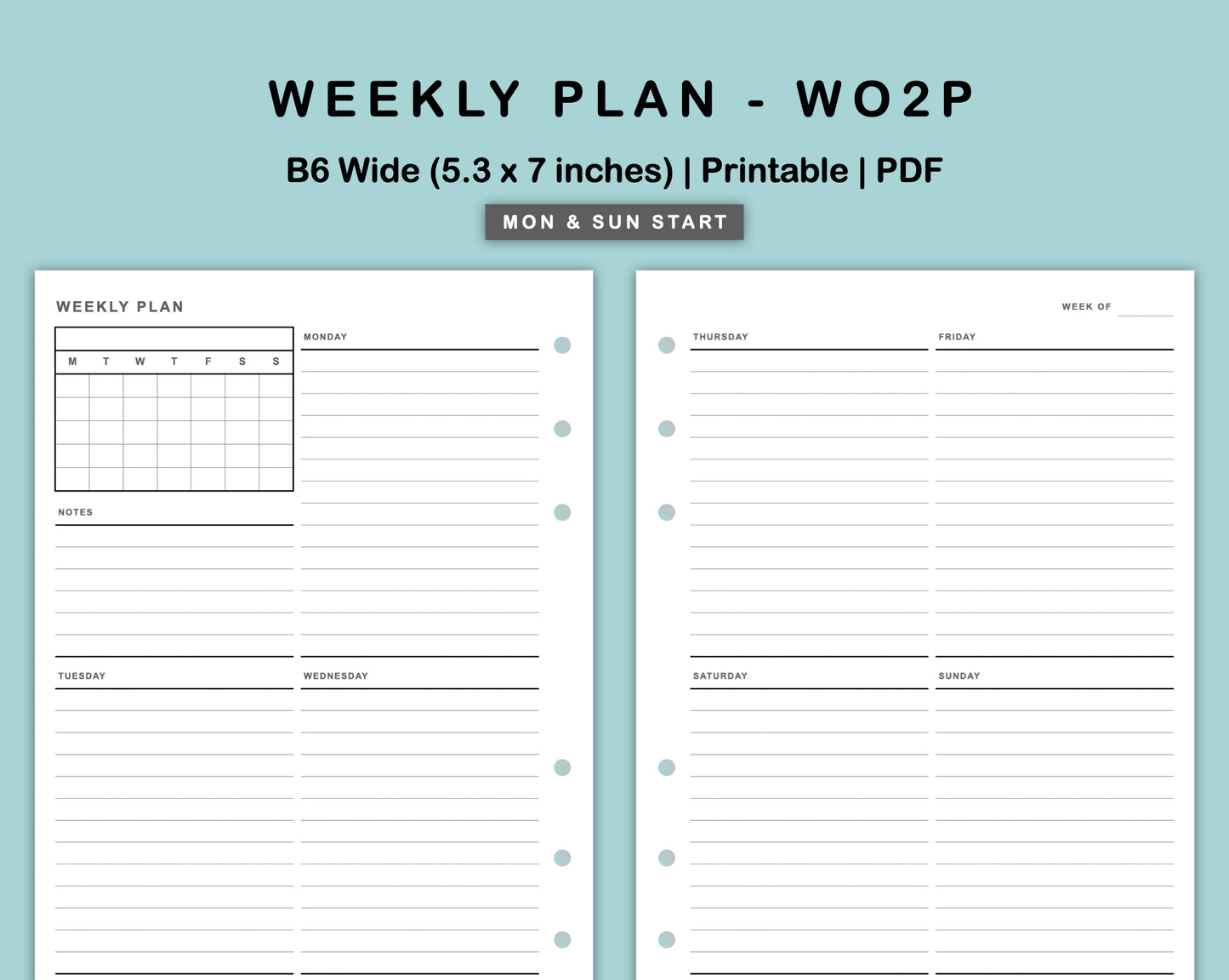 B6 Wide Inserts - Weekly Plan - WO2P - with Calendar