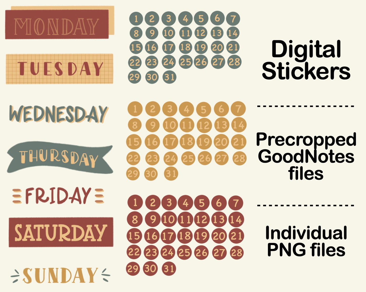 Digital Sticker - Days of the week and Date in Boho theme