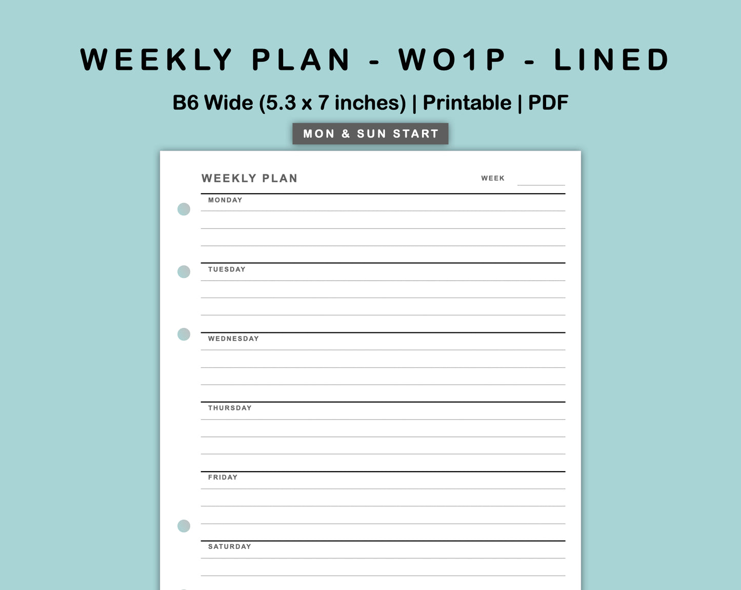 B6 Wide Inserts - Weekly Plan - WO1P - Lined
