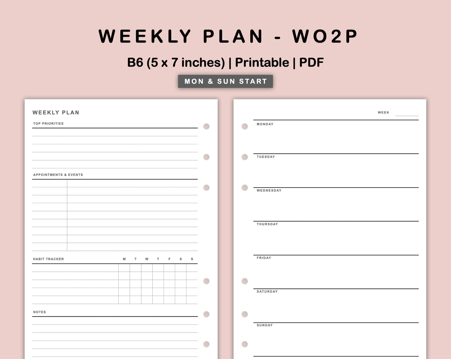 B6 Inserts - Weekly Plan - WO2P - with Habit Tracker