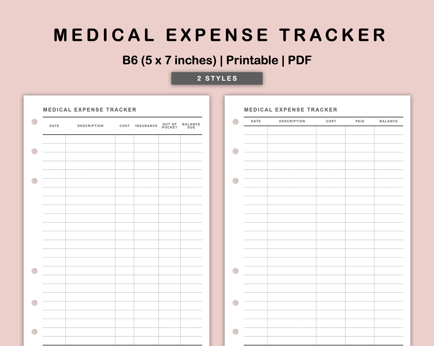 B6 Inserts - Medical Expense Tracker